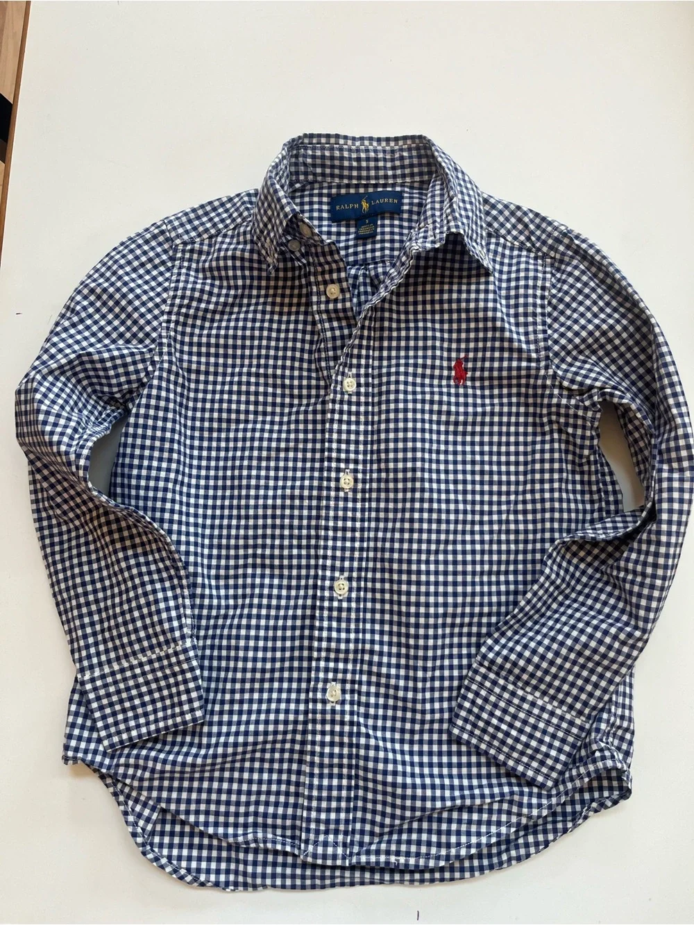 Ralph Lauren Blue and White Gingham Button-Down Shirt with Red Pony